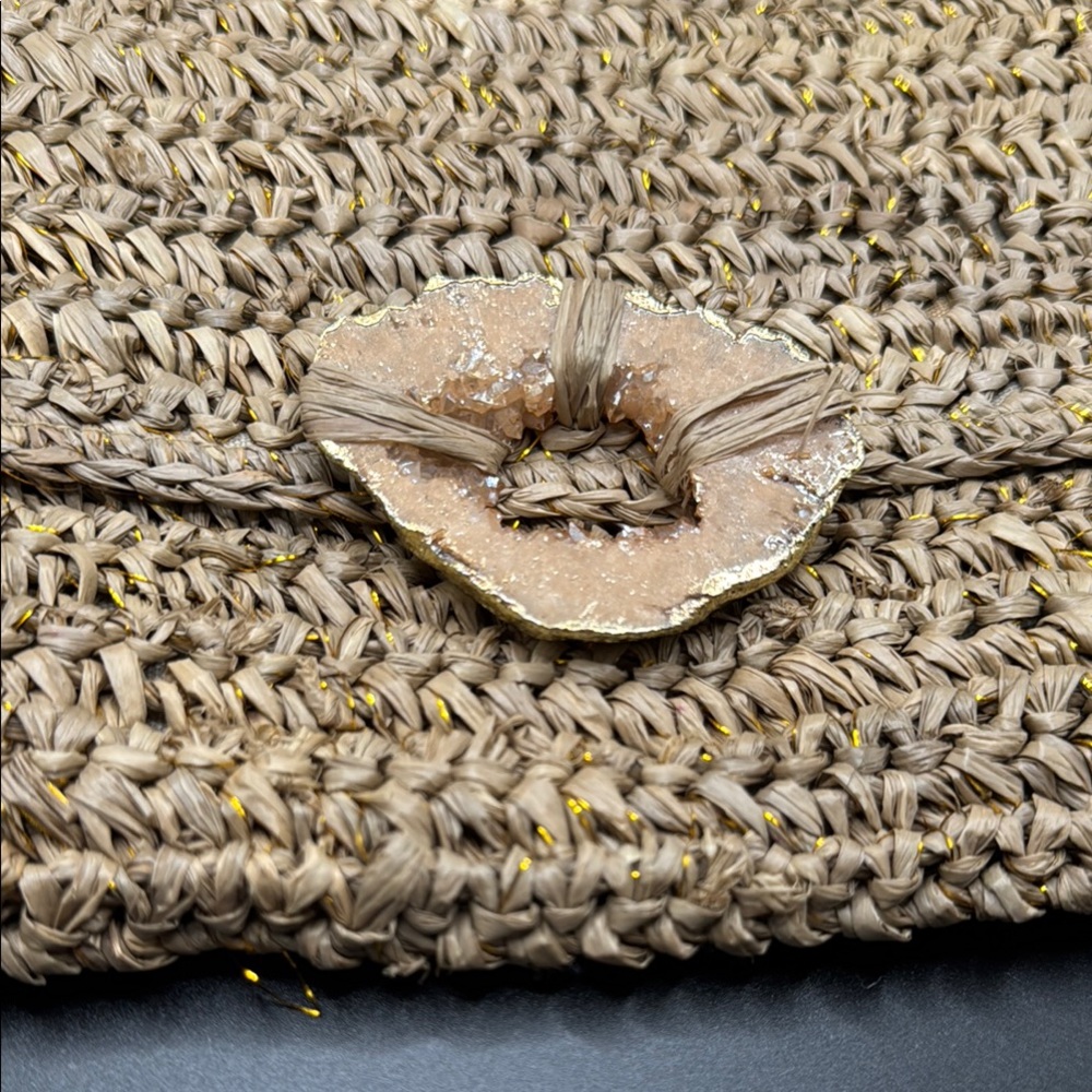 Tommy Bahama Raffia Metallic Stone accent Woven Bag Tan Clutch - Picture 7 of 8